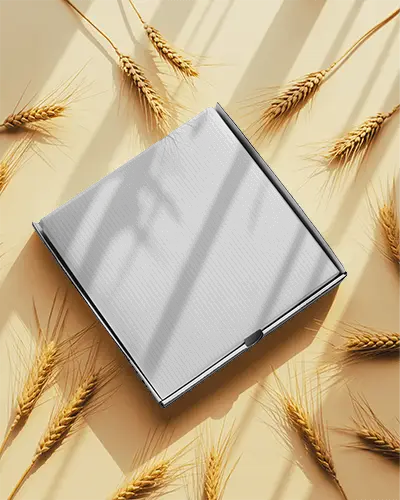High Resolution Flat Lay Pizza Box Mockup Surrounded By Dried Wheat Elements For Advertising