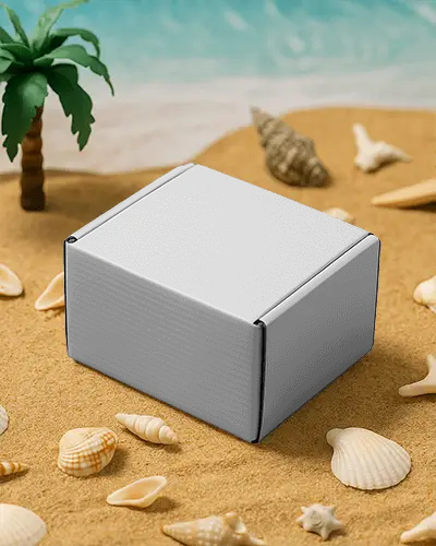 Versatile Cardboard Box Mockup On Beach Themed Background For Cosmetics Or Gifts