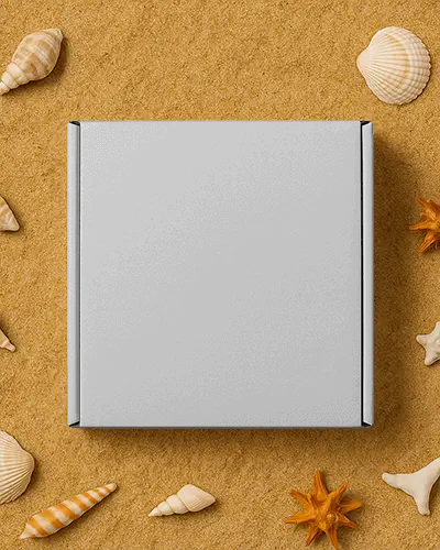 Sleek Square Box Mockup On Natural Sand With Seashells And Starfish Around
