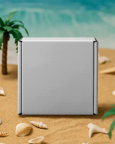 Eco Friendly Rigid Box Packaging Mockup With Seashells And Beach Themed Background