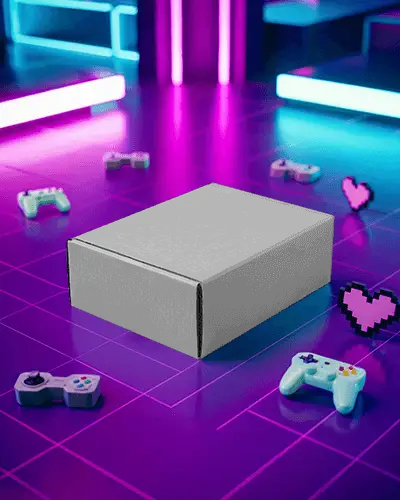 Neon Arcade Box Mockup Mailer Set On Retro Gaming Grid With Controllers And Pixel Hearts