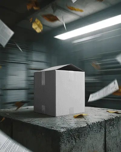 Stormvault Industrial Box Mockup Dramatic Packaging Amid Flying Papers And Motion