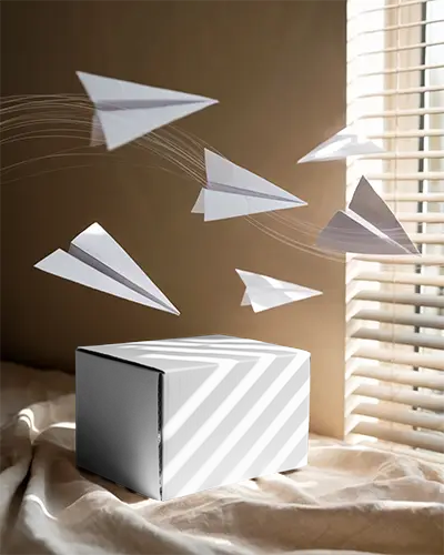 Sleek Minimalist Box Mockup With Floating Paper Planes And Natural Light Patterns