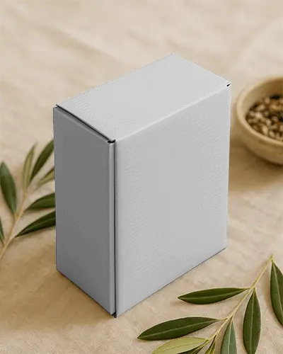 Minimalistic Rigid Box Mockup For Product Packaging On Natural Fabric With Leaves Background