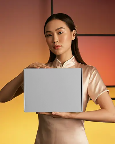 Woman Holding Large Plain Box Packaging Mockup For Product Display Presentation