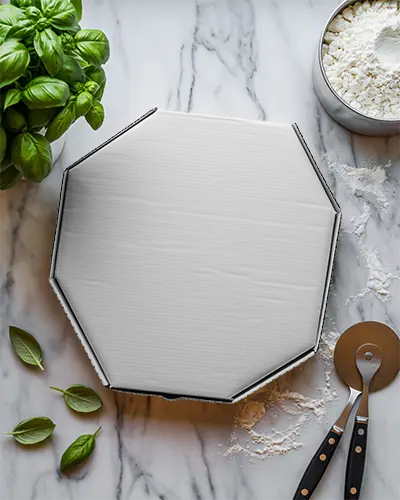 Octagon Shaped Pizza Box Mockup On Marble Table With Basil Leaves And Pizza Cutter Tools