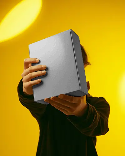 Radiant Yellow Backdrop Box Mockup Modern Packaging Showcase With Hands