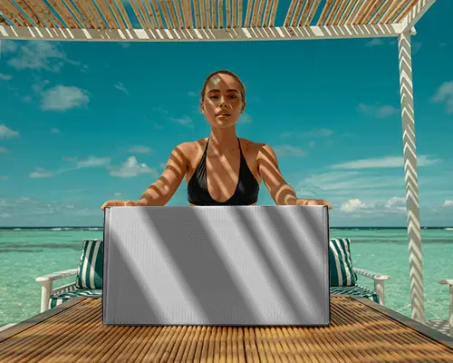 Oceanfront Box Mockup Relaxed Vacation Setting With Natural Sun Shadows