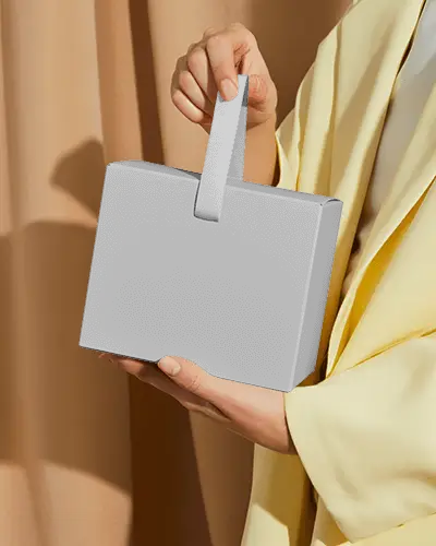 Modern Hand Strap Box Mockup With Soft Neutral Draped Background And Elegant Minimal Hold
