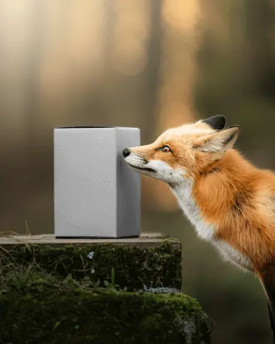Enchanted Forest Fox Box Mockup With Curious Wildlife Moment And Soft Natural Bokeh Light
