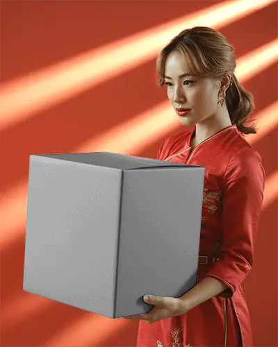 Radiant Cultural Elegance Box Mockup With Dramatic Light Beams And Poised Figure In Red Attire