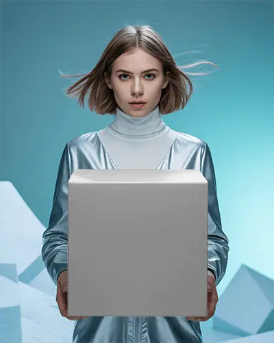 Arctic Aesthetic Box Mockup Featuring Metallic Outfit Details And Crisp Geometric Backdrop