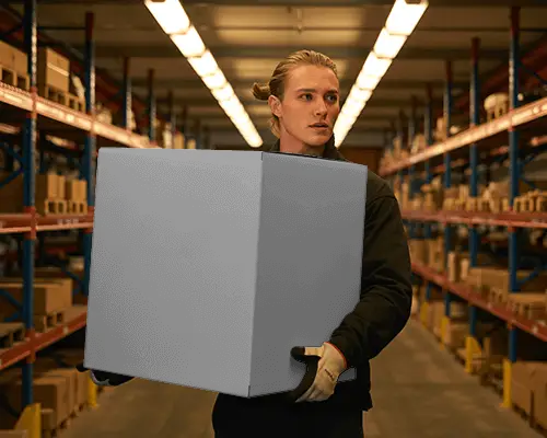 Industrial Warehouse Aisle Box Mockup With Focused Worker And Structured Shelving Background