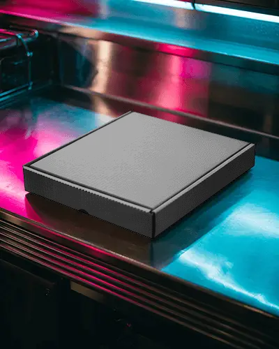 Neon Reflection Metal Counter Box Mockup With Bold Cyberpunk Lighting And Polished Surface Glow
