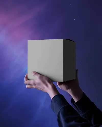 Cosmic Nebula Sky Box Mockup With Elevated Handhold And Ethereal Galactic Background