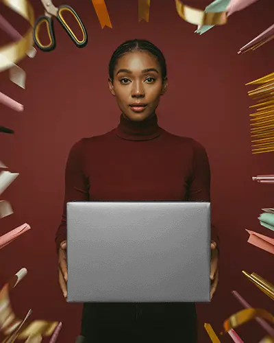 Magical Christmas Gift Box Mockup With Floating Holiday Ribbons And Rich Red Festive Backdrop