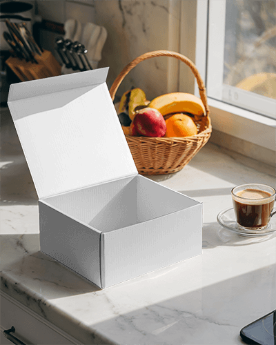 Sunlit Kitchen Mailer Box Mockup Open White Box With Customizable Design On Marble Countertop Near Window With Fruit Basket And Espresso 078