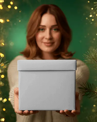 Cozy Christmas Gift Box Mockup With Soft Golden Lights And Warm Holiday Green Background