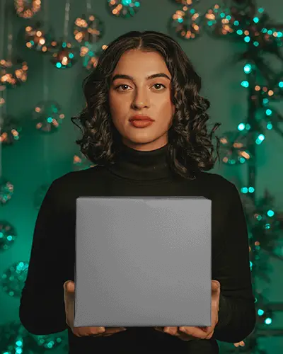 Luxurious Christmas Season Box Mockup Featuring Glittering Ornaments And Refined Winter Aesthetic