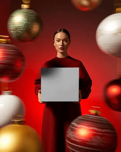 Grand Christmas Ornament Box Mockup With Floating Holiday Baubles And Bold Red Festive Backdrop
