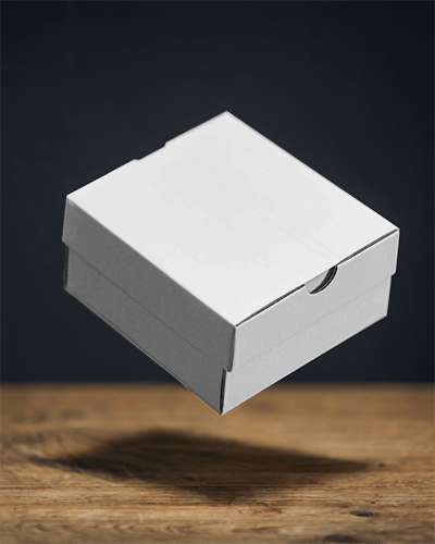 Floating Box Mockup Levitating White Packaging Box With Customizable Design Over Wooden Surface Against Dark Moody Background 079