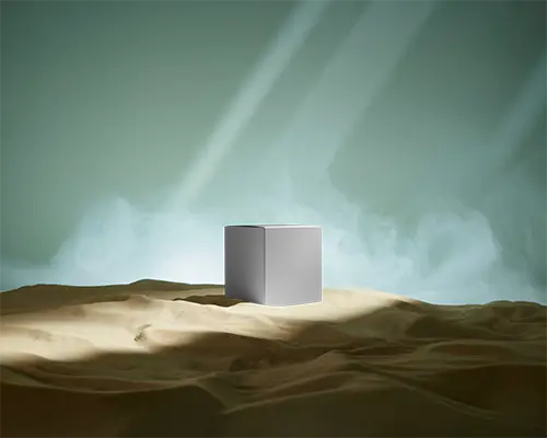Minimalistic Cube Box Mockup On Soft Textured Surface With Misty Background Light Effects