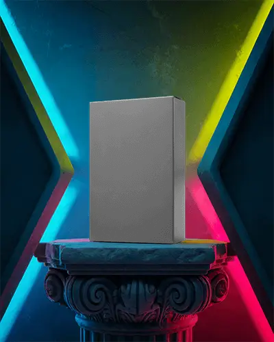Modern Elegant Packaging Box Mockup On Ornate Pedestal With Vibrant Background Lighting