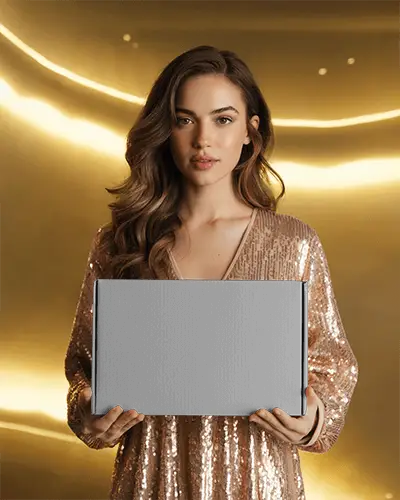 Woman Holding Large Rectangular Box Mockup Front View For Packaging Design Display
