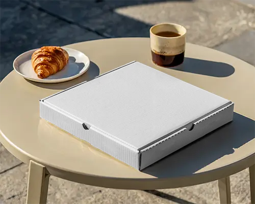 Square Pizza Box Mockup On Round Table With Coffee And Croissant Background