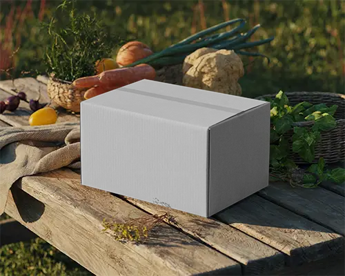 Eco Friendly Retail Box Mockup On Rustic Wooden Table With Organic Gardening Produce