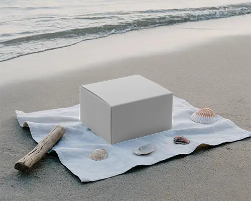 Luxury Product Box Mockup With Sharp Edges Placed On Fabric Near Beach Elements Scene