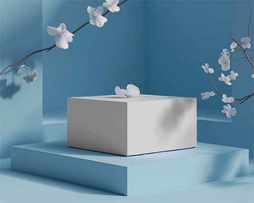 Luxury Box Branding Mockup With Flowers In Background And Pastel Blue Theme