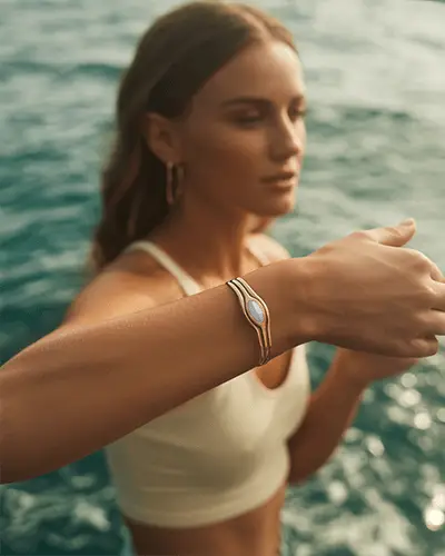 Sunlit Gold Bracelet Mockup On Wrist By Ocean With Relaxed Coastal Summer Vibe
