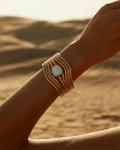 Sunlit Gold Bracelet Mockup On Wrist In Desert Scenery With Warm Golden Light