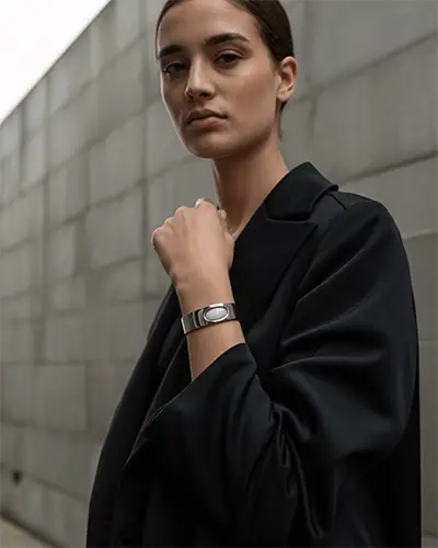 Sleek Silver Bracelet Mockup On Model In Modern Urban Setting With Minimal Style