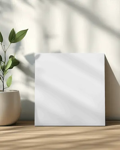 Square Standee Brochure Mockup Propped On Surface Against White Wall Soft Shadows Minimal Interior Decor Lighting