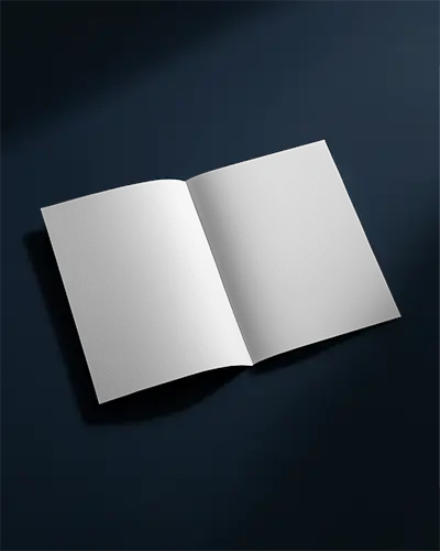 Angled Open Bifold Brochure Mockup On Navy Blue Background Soft Light And Shadows Modern Minimalist