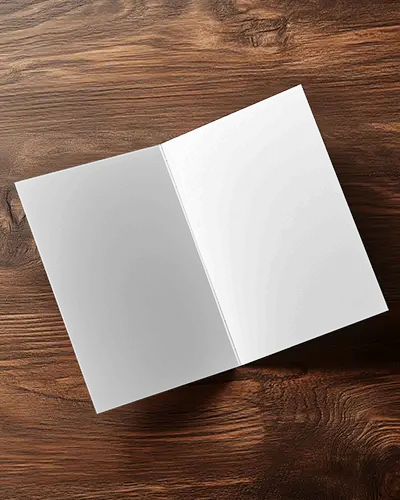 Open Bifold Brochure Mockup On Wooden Surface Natural Lighting Textured Grain Background Warm Tone