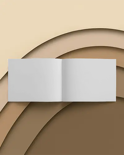 Open Landscape Brochure Mockup On Arched Paper Cut Background Warm Tone Layers And Smooth Curves