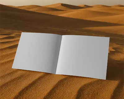 Landscape Brochure Mockup Open On Sandy Desert Dunes With Golden Hour Lighting And Natural Shadows