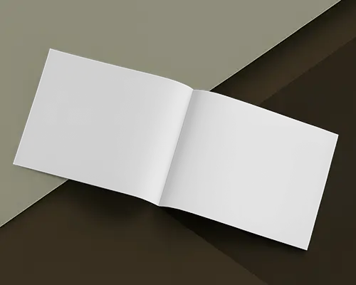 Dark Toned Landscape Brochure Mockup On Overlapping Brown Paper Background With Open Pages And Soft Top Lighting