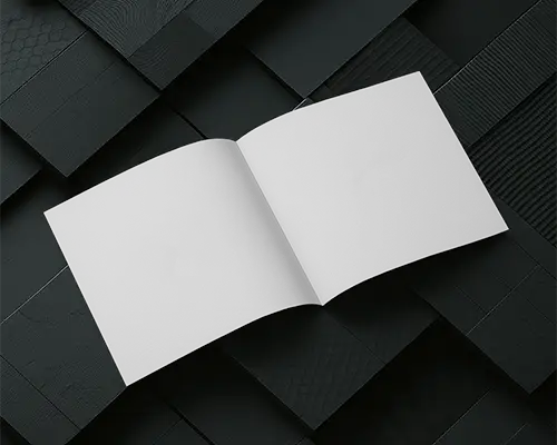 Flat Lay Open Landscape Brochure On Dark Background With Soft Lighting Professional Layout Display