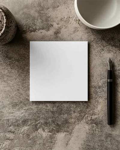 Flat Lay Square Brochure Mockup On Textured Desk With Cup And Pen Organic Stationery Presentation Top View