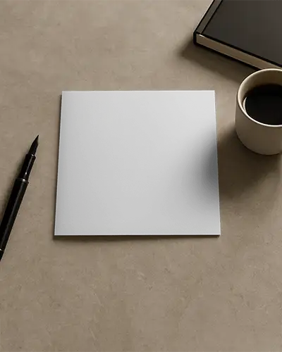 Professional Workspace Square Brochure Mockup With Coffee Cup And Pen Top View Minimal And Elegant Stationery