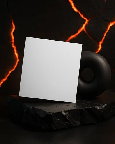 Standing Brochure Mockup On Obsidian Platform Against Lava Crackled Backdrop And Black Donut Prop