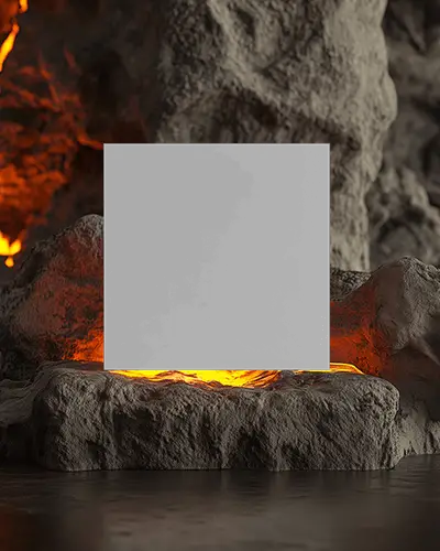 Square Brochure Mockup Resting On Lava Illuminated Rocks Inside Cave Inspired Fiery Environment
