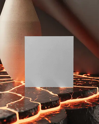 Modern Brochure Mockup On Glossy Volcanic Tiles With Ceramic Vase And Warm Orange Glow