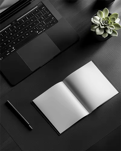 Top View Bifold Brochure Mockup On Dark Modern Desk With Laptop And Succulent Plant High End Corporate Branding