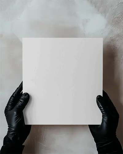 Handheld Brochure Mockup Black Gloved Hands Holding Luxury Themed Design Over Textured Neutral Surface