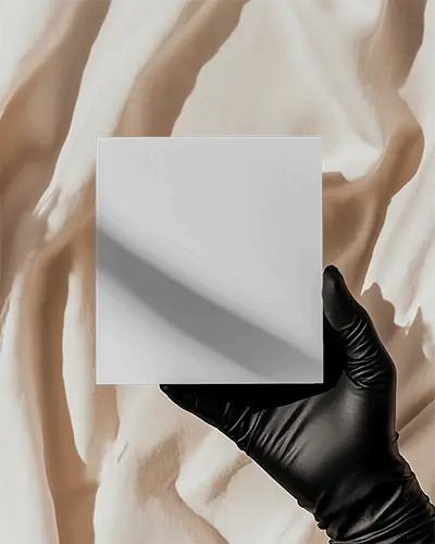 Hand Holding Square Brochure Mockup Black Glove On Cream Fabric Minimalistic Elegant Brand Presentation Soft Lighting Shadow Play Premium Marketing Template